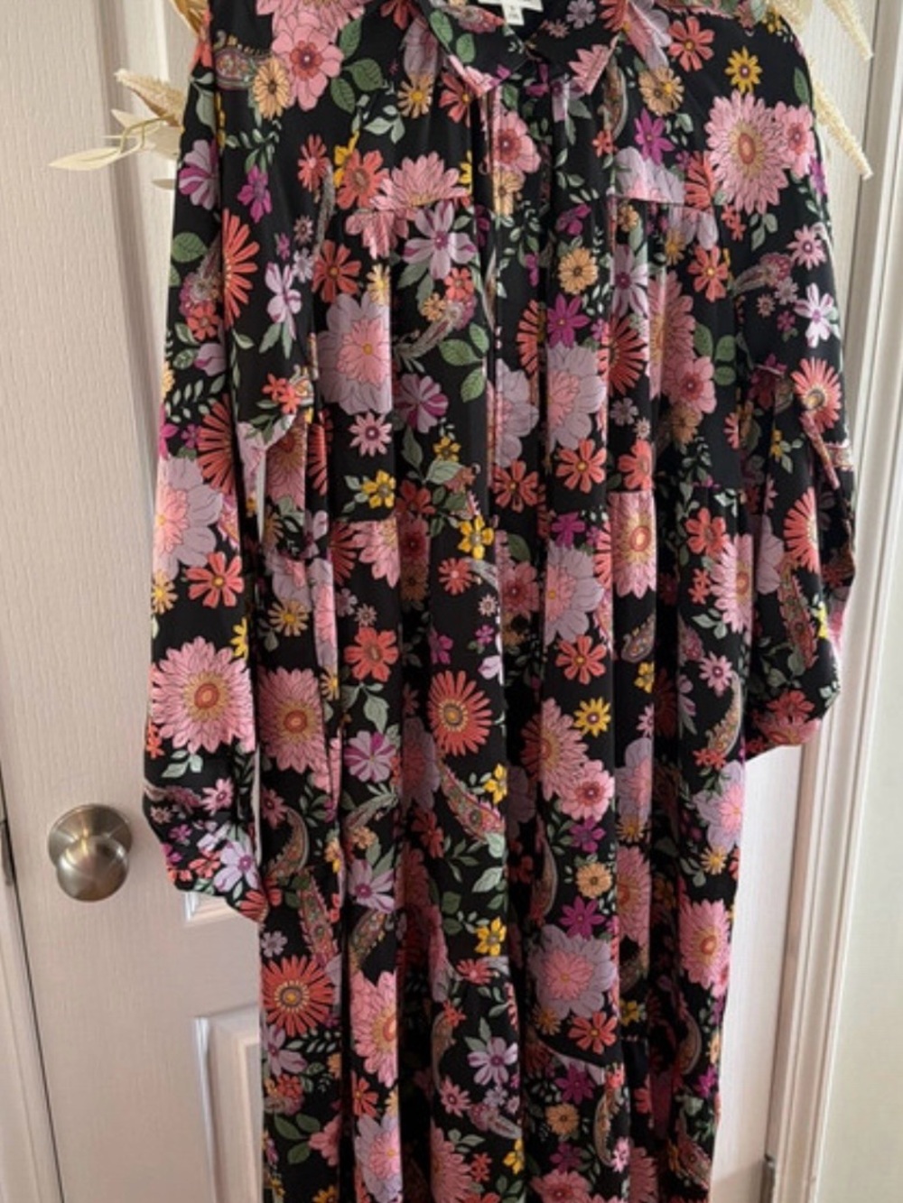 Floral Tiered Maxi Dress in Black with Pink & Green Blooms